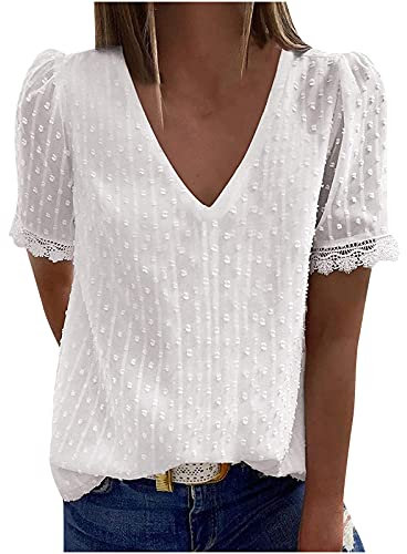 Summer Tops for Women Sale,Fashion Ladies Casual Solid Short Sleeve V-Neck Lace T-Shirt Blouse Tops Plus Size UK White