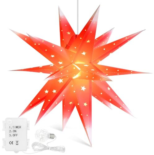 Qijieda 3D Puntale Albero Natale Luminoso - 18 inch Batteria da Esterno a LED con Luce a Stella di Natale con Timer, Puntale Albero di Natale Usato per Decorare Alberi di Natale,Balconi(Red-White)