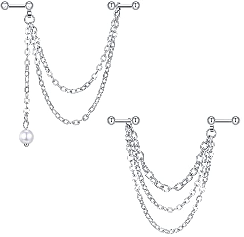 Briana Williams 2stk Silber Ohrknorpel Stecker mit Kette 16G Knorpel Helix Cartilage Tragus Ohrringe Piercing Schmuck Doppelkette Baumeln Chirurgenstahl