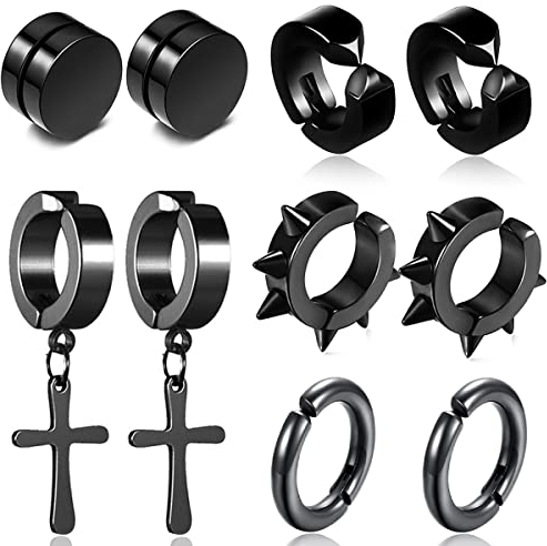 Nicht Durchbohrte Ohrstecker Schwarz, 5 Paar, XiXiRan Edelstahl Clip Ohrringe Schwarz, Creolen Kreuz, Magnetische Ohrstecker, Edelstahl Ohrringe Herren Schwarz Set, Hip Hop Punk Style, Unisex(5 Paare)