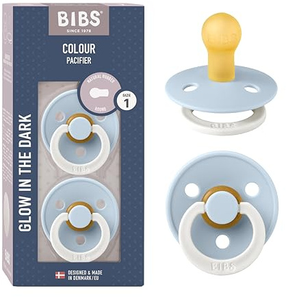 BIBS Colour Glow Dummy, 0-6 Months, 2-Pack, Round Teat, Baby Blue Glow | Natural Rubber Latex | Size 1 | BPA-Free | Made in Denmark | Glow Handle | High Teat Acceptance | Airflow Holes