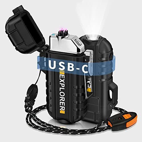 Lafagiet USB C Rechargeable Lighter, Dual Electric arc, Waterproof, Flame-Less, Windproof Plasma lighters for Outdoor Grill, Survival, Camping, Candle Lf27-bk