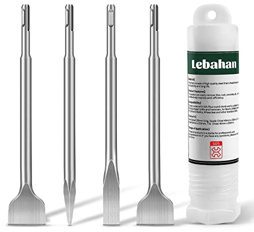 LEBAHAN Scalpelli SDS Plus, 4 Pezzi, 1 x Scalpello a Punta, 1 x Scalpello Piatto, 2 x Scalpelli per Piastrelle, Scalpello Professionale per Tutti i Martelli a Percussione e Perforatori SDS Plus