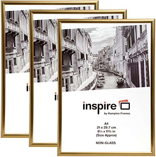 Hampton Frames | A4 Backloader Picture Frame Set, Gold, 3 Pack, Acrylic Front | Easy Load Design, Lightweight, Wall or Desk Display | For Photos, Posters, Certificates