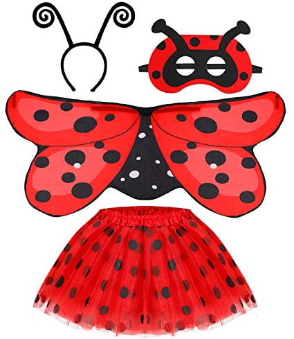 Hifot 4pcs Marienkäfer Kostüm Mädchen,Ladybug Tüllrock, Flügel, Zauberstab und Haarreif für Halloween Karneval Geburtstag Party