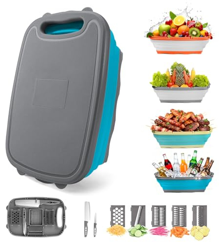Gintan Tagliere pieghevole da campeggio, tagliere 9 in 1 con scolapasta, cestino per lavare verdure da cucina, per campeggio, regali da campeggio, accessori da campeggio per camper (blu + grigio)