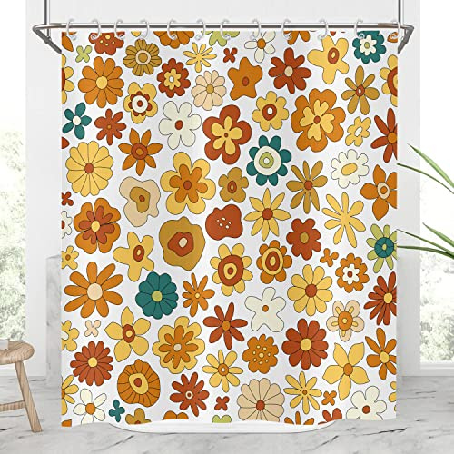 Hnmdmyi Duschvorhang Retro Boho Blumen 90x180, Funky Vintage 70s Gelb Orange Blumen Badewanne Vorhang Geometrisch Hippie Abstrakt Wasserdicht Polyester Stoff Waschbar Badevorhang mit Haken