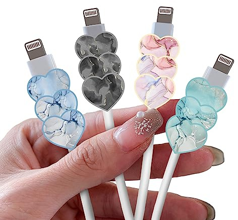DiyGody Lovely Cable Protector for iPhone Type-C Charger - Heart Shape Sparkle Marble Pattern 4 PCS Set for Women Girls, Charging Cord Saver, Cable Chomper