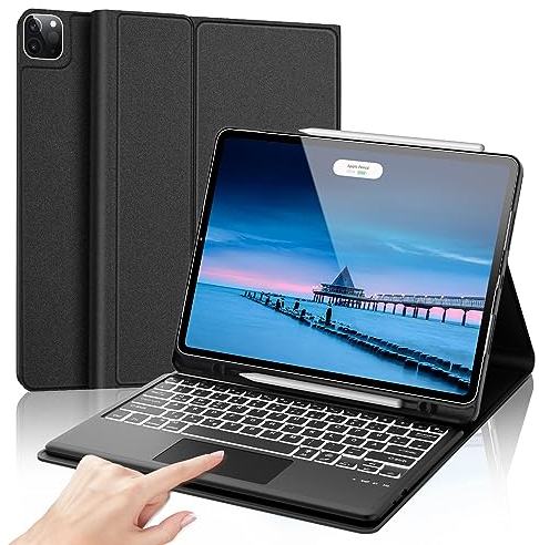 FOGARI Tastatur Hülle für iPad Air 13 2024 (M2) | iPad Pro 12.9 (6/5/4/3. Generation), Tastatur mit Touchpad QWERTZ Wiederaufladbar 7-Farbige Beleuchtung für iPad Air 13/iPad Pro 12.9, Schwarz