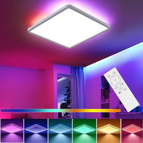 DODOPEN LED Deckenleuchte Dimmbar mit Fernbedienung 24W RGB Farbwechsel Led Deckenlampe 4000K Modern Quadrat Deckenbeleuchtung für Wohnzimmer Schlafzimmer Kinderzimmer Badezimmer 29 * 2.5cm