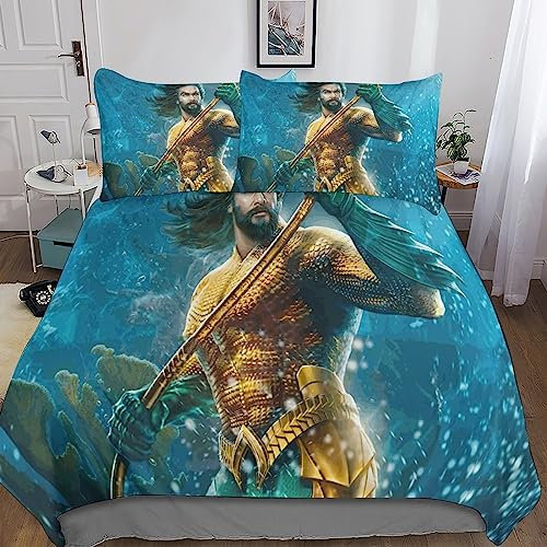 SUCREVEN Aquaman Bettwäsche 3 Teilig Set Mit 3D Meereskönig Bettwäsche-Sets Mikrofaser,Bettwäsche Kinder Mit Kissenbezug Für Erwachsene Teenager Kinder King(220x240cm)
