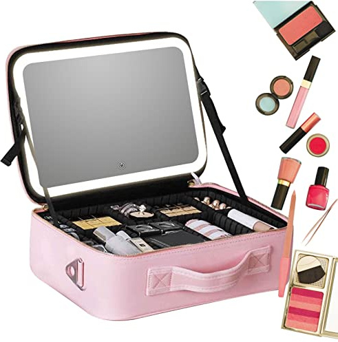 Make up Koffer mit LED Spiegel, Kosmetiktasche Portable Reise Make Up Tasche, Professionelle Makeup Tasche Organizer, Schminktasche mit Fächern, Schminkkoffer Damen Make Up Aufbewahrungskoffer