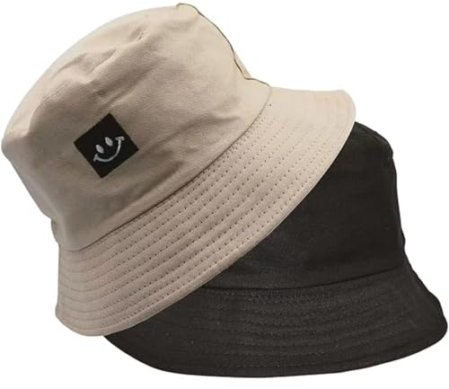 Mlczwt 2 Stück Fischerhut Unisex Bucket Hut Schutz Sommerhut Baumwolle Buckethut Faltbar Anglerhut Outdoor Eimerhut Smiling Face Hut Sommermütze Camping Reisen Wandern for Women Teens Girls