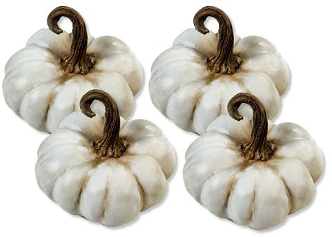 Polyresin Kürbis weiß 8 x 7cm - 4 Stück Tisch-Deko Herbst wie echt Pumpkin Halloween Dekofigur
