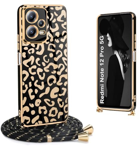 Handykette Hülle kompatibel mit Xiaomi Redmi Note 12 Pro 5G Hülle mit Band zum Umhängen, Handyhülle Leoparden Muster Galvanik TPU Silikon Bumper Dünn Hülle für Xiaomi Redmi Note 12 Pro 5G, Leoparden