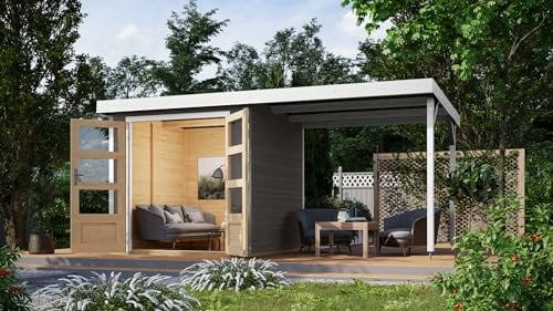 CHILLROI® Hybrid Gartenhaus Hollywood inkl. Fußboden optional mit Anbau Gartenlaube Geräteschuppen Gartenhütte (Terragrau mit Anbau)
