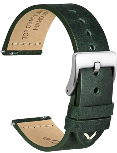WOCCI 22mm Antikes Uhrenarmband für Herren, Sattelleder, Silberne Schnalle (Armeegrün)