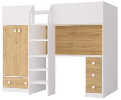 Vente-unique-Hochbett mit Kleiderschrank & Schreibtisch - 90 x 190 cm - Weiß & Holzfarben - CINAMO