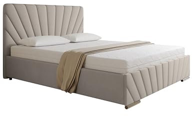 PANDA MÖBEL Polsterbett 160x200 cm - RAY Kollektion - Modern Doppelbett mit hochwertiger Bonell-Matratze - Polsterbett mit Bettkasten für Schlafzimmer - Beige