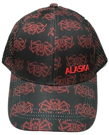 Robin Ruth Hochwertige Ballkappe, Alaska, Nylon-ähnliches Netzgewebe, Schnappverschluss, Schwarz mit roter Krabbe, Schwarz, Einheitsgröße