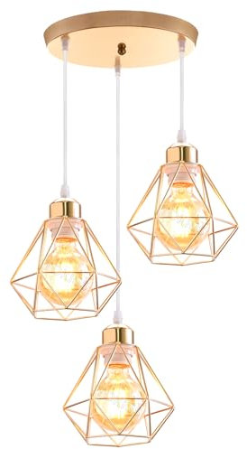 TOKIUS 3-flammig Pendelleuchte Vintage Industrial Hängelampe mit Geometrischem Design E27 Lampe aus Eisen Käfig Lampenschirm Retro Hängeleuchte für Esstisch Küche (Gold, Pendellampe, Rondell)