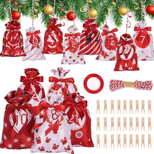 Lollanda 24 Adventskalender zum Befüllen Stoff, Adventskalender tüten zum befüllen kinder, DIY Weihnachtskalender Basteln, 2024 Weihnachten Advents Säckchen, Adventskalend Weihnachtskalend (Rot)