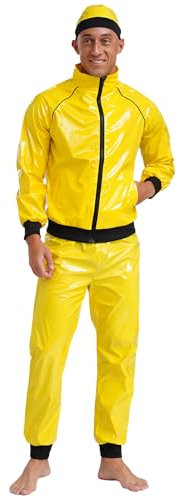 CHICTRY Rapper Kostüm Herren Lack Leder Trainingsanzug Langarm Latex Jacke Mit Reißverschluss High Waist Leggings Hut 3tlg Disco Outfit Gelb XL