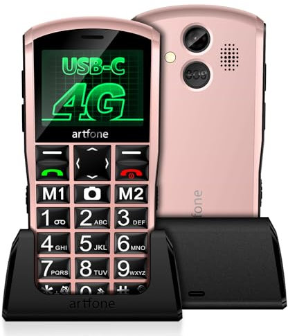 artfone A400 4G Móvil para Mayores Libre | Dual SIM, botón SOS, Base de Carga, cámara, marcación rápida | Teléfono Sencillo con Pantalla a Color de 2,4, Menú en español | Dorado
