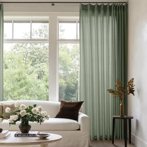 Olive Green Pinch Pleat Linen Curtains for Patio Sliding Door 72 Inch Width 120 Inches Long Light Filtering Semi Sheer Pleated Drapes Custom Cotton Extra Wide 72x120 Curtain Panels for Living Room