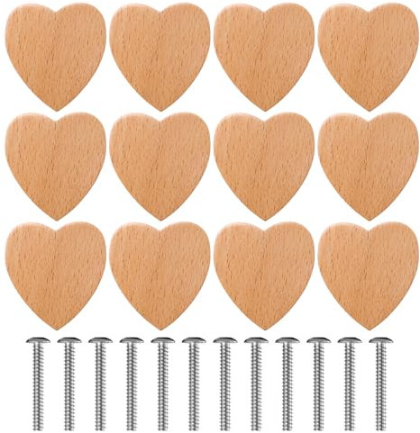 WIYETY 12 Stück Herzförmige Knauf für Schrank, Holz Schrankknöpfe, Möbelgriffe Holz, Holzknöpfe für Kommoden, Holzknäufe Schrankknauf, Möbelknöpfe für Schubladen Möbel (Herzform)