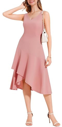 Aupuls Robe de cocktail pour femme - Robe midi trapèze avec col en V sans manches - Robe d'invitée de mariage, rose poudré, L