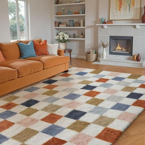 HUGEAR Teppich Kariert Hochflor Teppich Wohnzimmer 150X210cm Teppich Bunt Schlafzimmer Rutschfester Kinderteppich Flauschig Weicher und GemüTlicher Carpet Living Room Kinder Teppich Mädchen Jungs