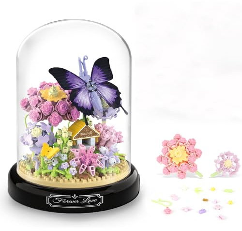 TOY PLAYER Lila Schmetterling Blumen Micro Mini Baustein Set, Blumen Insekten klemmbausteine Bausteine mit Staubdichte Kuppel Und Sockel,Geschenk für Mädchen ab 14+ Jahren (582 PCS)
