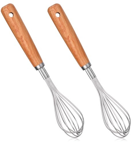 Lot de 2 fouets avec manche en bois en acier inoxydable, fouet à main antiadhésif, pour mélanger, battre, mélanger, œuf, pâte (20 x 4 cm (L x l)
