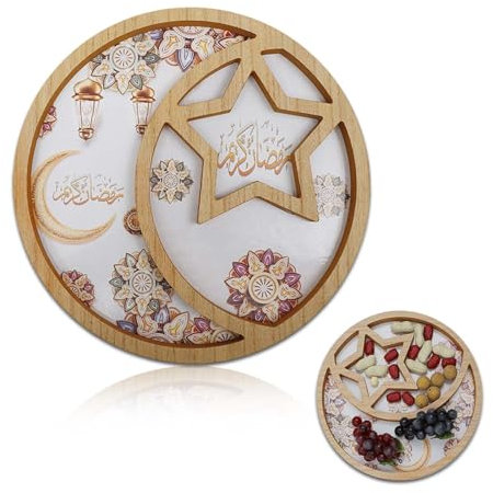 Ramadan Tablett,Ramadan Deko Rundes Stern-Mond Tablett - Dattelhalter Ramadan, Ramadan Servietten, Ramadan Teller - Stilvolles Feiern des Ramadan mit Unserem Tablett
