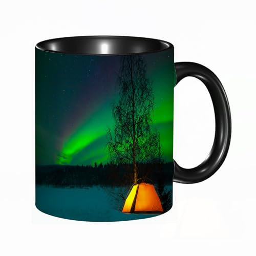 reyawdf Original Tasse mit lustigem Design,Zelten im Norden mit den Nordlichtern über uns – Aurora Borealis,330ml, für Kaffee- und Teeliebhaber, als Geschenk für Weihnachten, Geburtstag und mehr