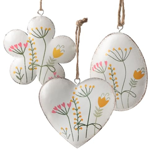 Metallanhänger Frühling, 3 Stück: Osteranhänger Metall, Anhänger Ei, Herz & Blume, Frühlingsdeko zum Aufhängen, Osterdeko Fenster & Osterstrauch, Deko Ostern & Frühling, Osterschmuck, Weiß, 7,5 cm