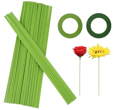 100 Piezas Alambre Floral Verde con 2 Cintas de Papel Flores, 30cm x2mm Floral Wire, Alambre Tallos para Flores Manualidades, para Embalaje de Tallo de Flores, Hacer Flores