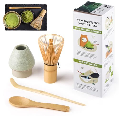 4-Piece Matcha Set, Matcha Broom, Macha Tea Set with Matcha Spoon, Whisk Holder, Matcha Broom, Matcha Accessories, Traditional Japanese Tea, Ceremony, Best Gift for Matcha Lovers, Mesh Green