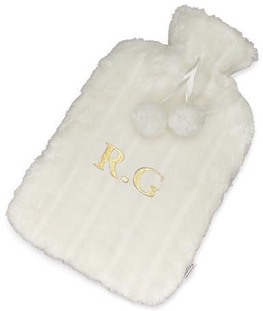 Personalised Fluffy Hot Water Bottle Embroidered Plush Faux Fur Hot Water Bottle with Pom Poms (Cream)