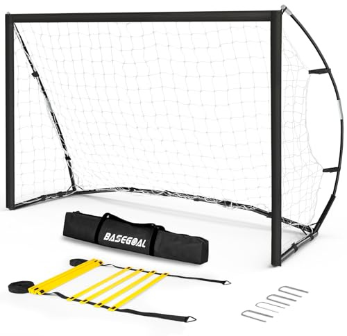 Porta da Calcio Grande Portatile, 243x152cm Porte Calcio per Giardino, Include Borsa, Scala di Agilità, Asta in Fibra di Vetro, Rete da Calcios Portatile per Allenamento Giovanile