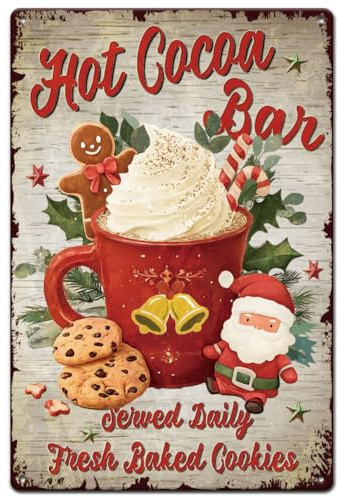 SUPERDANT Blechschild Hot Cocoa Bar Blechschilder Weihnachtsgetränk Kekse Metallschild Wandkunst Plakette Dekor Metallschilder Für Wohnzimmer Bars Restaurants Cafés Kneipen Heimwandkunst