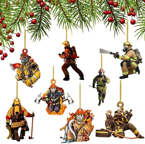 8 Stück Feuerwehrmann Weihnachten Deko, Weihnachtsschmuck für Feuerwehr, Feuerwehrmann Weihnachtsschmuck Anhänger, Feuerwehrmann Acryl Ornamente, für Wandfenster, Baum, Auto