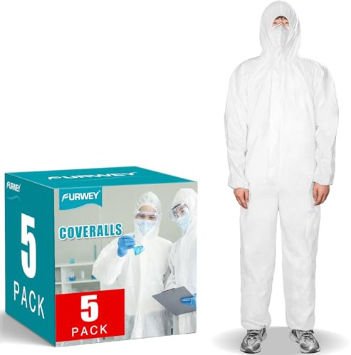 FURWEY Hazmat Suits 5 Pack Disposable Protective Coveralls, Heavy Duty Full Body Painters Suit for Men & Women with Elastic Wrists, Ankles and Hood, Available in 4 sizes-Large