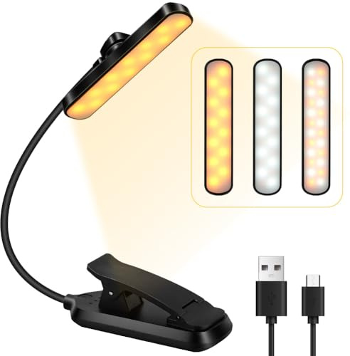 HOTUT Leselampe Buch Klemme, Buchlampe mit 24 LEDs, USB Wiederaufladbare Klemmlampe mit 3 Farbtemperatur Modi, Stufenlose Helligkeit Klemmlampe, 360° Flexibel Klemmleuchte ür Nachtlesen ins Bett