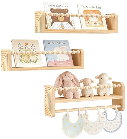 Set da 3 Libreria da Parete per Bambini, Mensole Sospese per giocattoli, quadri e libri, mensole sospese, mensole da parete 40 cm per cameretta, cucina, sala giochi, camera da letto, soggiorno