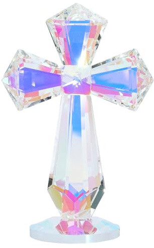 WADORN 15cm Hohes Kristallkreuz Auf Sockel, Klares ab Modernes Kreuz Dekor Bunte Handgefertigte Glasfigur Heiliges Kreuz Spirituelles Geschenk Für Christen Kirche Zuhause Büro