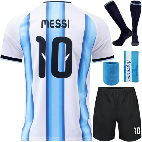 Mokiss Leo. #10 Neu Football Fußball Kinder Trikot Shorts Socken Set Jugendgrößen (Weiß/Blau,28)