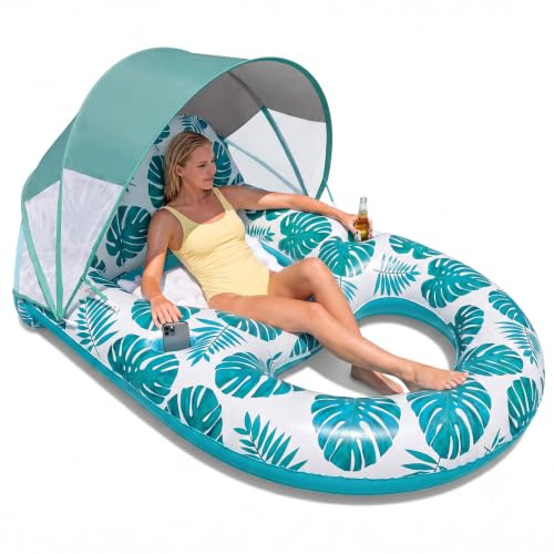 Cheffery Luftmatratze Pool, Aufblasbares Sonnenpool Wasser Aufblasbarer Sessel Schwimmbad-Flöße Erwachsene mit Verstellbarem Sonnendach, Getränkehaltern und Fußstütze für SommerPool Strand