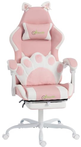 Vinsetto Gaming Stuhl mit Fußstütze Kopfstütze Lendenwirbelstütze Rosa | Bürostuhl, Ergonomischer Gamer Stuhl, Höhenverstellbar, PC Stuhl, Hoher Rückenlehne, Katzenohren Computerstuhl, Kunstleder